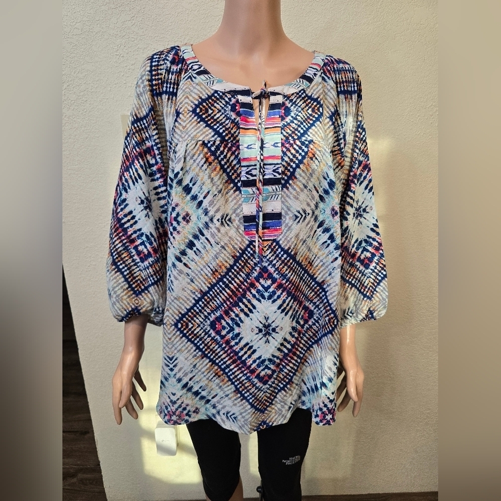 Figuerca and Flower Sheer Boho 3/4 Sleeve Top 1X Lace Accent